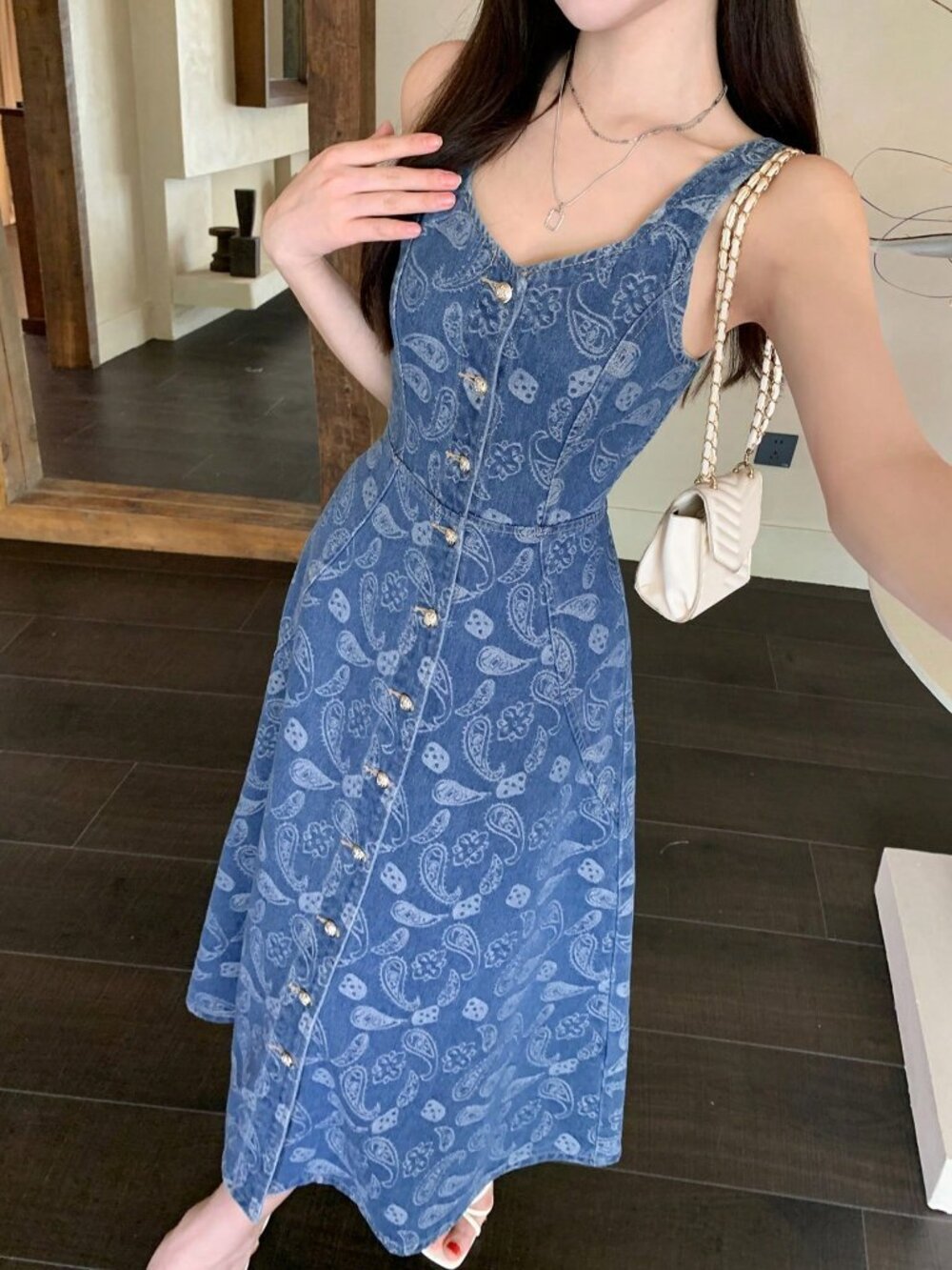 Medium Wash Boho Women's Denim Jacquard midi Dress - Picture 7 of 7